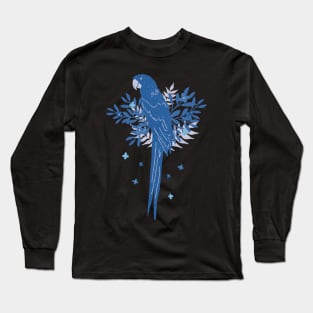 Blue Ara parrot with Tropical Leaves on Black Long Sleeve T-Shirt